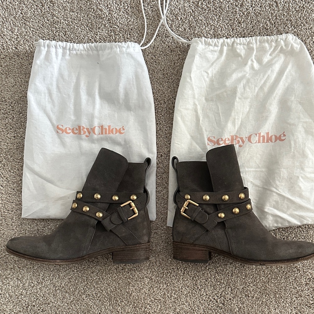 See by Chloe gray suede studded Moto Boots